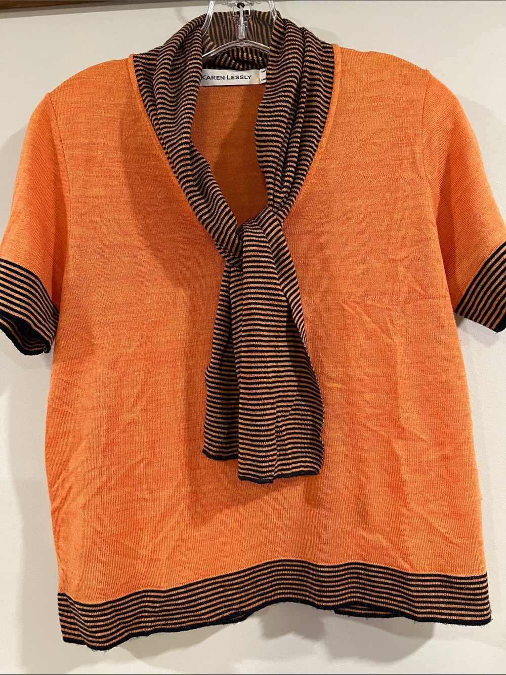 Vintage Karen Lessly - petite large sweater blouse, orange, black, stripes